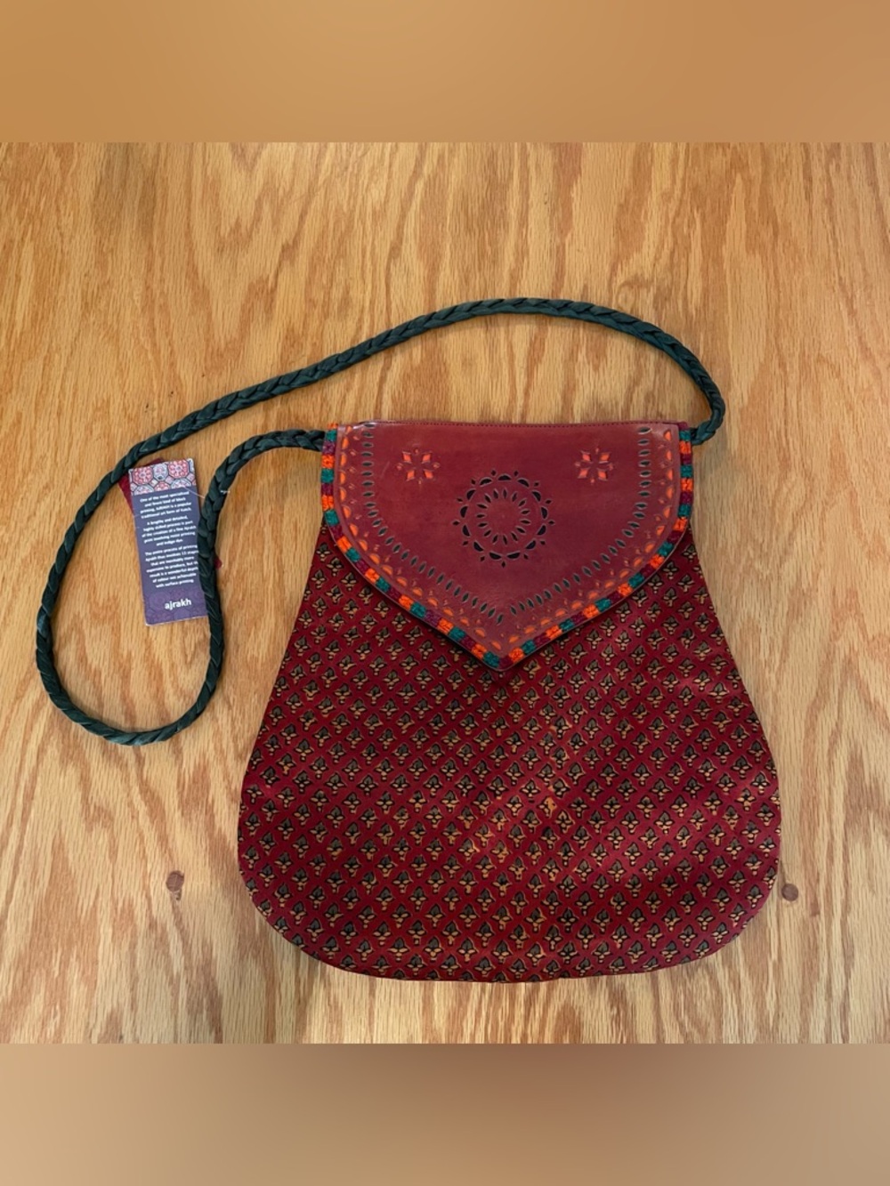 Boho Handcrafted Red Leather-Trim Satin Crossbody Bag